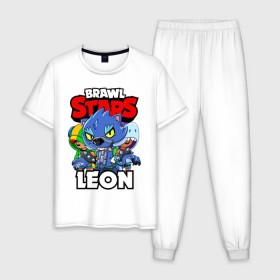 Мужская пижама хлопок с принтом BRAWL STARS LEON в Санкт-Петербурге, 100% хлопок | брюки и футболка прямого кроя, без карманов, на брюках мягкая резинка на поясе и по низу штанин
 | brawl stars | brawl stars leon | brawler | leon | shark | werewolf | акула | бравл старз | бравлер | леон | оборотень