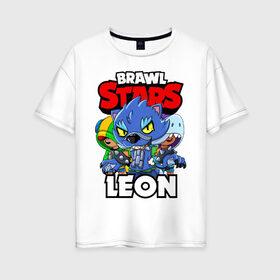 Женская футболка хлопок Oversize с принтом BRAWL STARS LEON в Санкт-Петербурге, 100% хлопок | свободный крой, круглый ворот, спущенный рукав, длина до линии бедер
 | brawl stars | brawl stars leon | brawler | leon | shark | werewolf | акула | бравл старз | бравлер | леон | оборотень