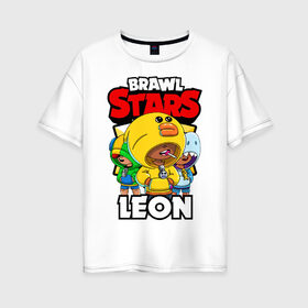 Женская футболка хлопок Oversize с принтом BRAWL STARS LEON в Санкт-Петербурге, 100% хлопок | свободный крой, круглый ворот, спущенный рукав, длина до линии бедер
 | brawl stars | brawl stars leon | brawler | leon | sally | shark | акула | бравл старз | бравлер | леон | салли