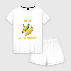 Женская пижама с шортиками хлопок с принтом Банан ты спишь? в Санкт-Петербурге, 100% хлопок | футболка прямого кроя, шорты свободные с широкой мягкой резинкой | mem | memes | еда | мем | попугаи | попугай и банан | прикол | прикольный | смешной | юмор