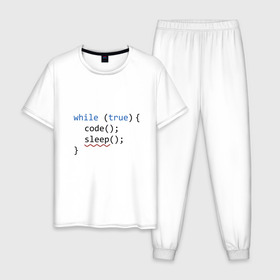 Мужская пижама хлопок с принтом Code - sleep в Санкт-Петербурге, 100% хлопок | брюки и футболка прямого кроя, без карманов, на брюках мягкая резинка на поясе и по низу штанин
 | Тематика изображения на принте: c | c++ | code | coder | computer | hacker | java | programm | tag | жизнь | код | кодер | программа | программист | сон | хакер | хочу спать