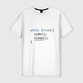 Мужская футболка премиум с принтом Code - sleep в Санкт-Петербурге, 92% хлопок, 8% лайкра | приталенный силуэт, круглый вырез ворота, длина до линии бедра, короткий рукав | Тематика изображения на принте: c | c++ | code | coder | computer | hacker | java | programm | tag | жизнь | код | кодер | программа | программист | сон | хакер | хочу спать