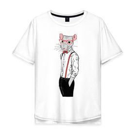 Мужская футболка хлопок Oversize с принтом Крыса в очках в Санкт-Петербурге, 100% хлопок | свободный крой, круглый ворот, “спинка” длиннее передней части | Тематика изображения на принте: год крысы | крыса | новый год