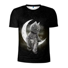 Мужская футболка 3D спортивная с принтом Кот на луне в Санкт-Петербурге, 100% полиэстер с улучшенными характеристиками | приталенный силуэт, круглая горловина, широкие плечи, сужается к линии бедра | cat | kitten | звёзды | космос | кот | котейка | котёнок | кошка | луна