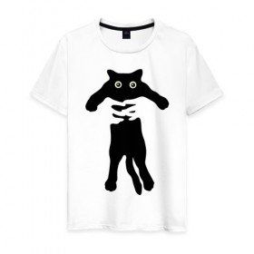 Мужская футболка хлопок с принтом Черный кот в руках в Санкт-Петербурге, 100% хлопок | прямой крой, круглый вырез горловины, длина до линии бедер, слегка спущенное плечо. | cat | в руках | глаза | животное | кот | котенок | кошка | милый | черный