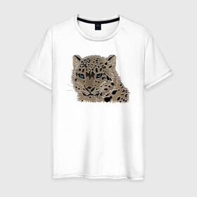 Мужская футболка хлопок с принтом Metallized Snow Leopard в Санкт-Петербурге, 100% хлопок | прямой крой, круглый вырез горловины, длина до линии бедер, слегка спущенное плечо. | барс | ирбис | леопард | портрет барса | портрет леопарда | портрет ягуара | снежный барс | хищник | ягуар