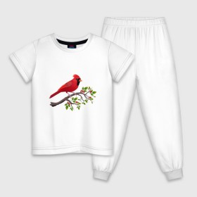 Детская пижама хлопок с принтом Красный кардинал в Санкт-Петербурге, 100% хлопок |  брюки и футболка прямого кроя, без карманов, на брюках мягкая резинка на поясе и по низу штанин
 | cardinalis cardinalis | красный кардинал | новогодняя птица | птица | птичка | рождественская птица