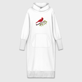 Платье удлиненное хлопок с принтом Красный кардинал в Санкт-Петербурге,  |  | cardinalis cardinalis | красный кардинал | новогодняя птица | птица | птичка | рождественская птица