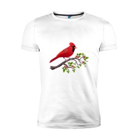Мужская футболка премиум с принтом Красный кардинал в Санкт-Петербурге, 92% хлопок, 8% лайкра | приталенный силуэт, круглый вырез ворота, длина до линии бедра, короткий рукав | cardinalis cardinalis | красный кардинал | новогодняя птица | птица | птичка | рождественская птица