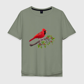 Мужская футболка хлопок Oversize с принтом Красный кардинал в Санкт-Петербурге, 100% хлопок | свободный крой, круглый ворот, “спинка” длиннее передней части | cardinalis cardinalis | красный кардинал | новогодняя птица | птица | птичка | рождественская птица
