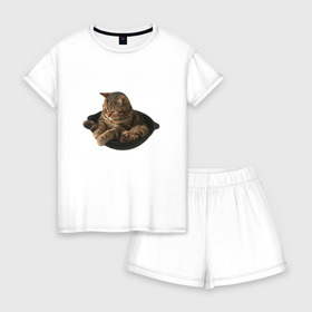 Женская пижама с шортиками хлопок с принтом Кот в сковороде в Санкт-Петербурге, 100% хлопок | футболка прямого кроя, шорты свободные с широкой мягкой резинкой | mem | кот | кот сидит в сковороде | котик | мем | прикол | смешной