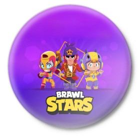 Значок с принтом Brawl Stars в Санкт-Петербурге,  металл | круглая форма, металлическая застежка в виде булавки | Тематика изображения на принте: bo | brawl | brock | bull | colt | dynamike | elprimo | jessie | leon | moba | nita | shelly | stars | бо | брок | булл | джесси | динамайк | кольт | леон | нита | шелли | эльпримо