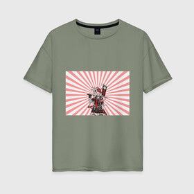 Женская футболка хлопок Oversize с принтом Убийца розового солнца в Санкт-Петербурге, 100% хлопок | свободный крой, круглый ворот, спущенный рукав, длина до линии бедер
 | аниме | арт | девочка | маска | меч | солнце | якудза | япония