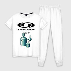 Женская пижама хлопок с принтом SAMOGON в Санкт-Петербурге, 100% хлопок | брюки и футболка прямого кроя, без карманов, на брюках мягкая резинка на поясе и по низу штанин | salomon | прикол | приколы | самогон | шутка | юмор