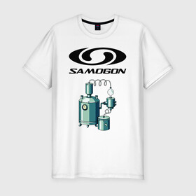 Мужская футболка хлопок Slim с принтом SAMOGON в Санкт-Петербурге, 92% хлопок, 8% лайкра | приталенный силуэт, круглый вырез ворота, длина до линии бедра, короткий рукав | Тематика изображения на принте: salomon | прикол | приколы | самогон | шутка | юмор