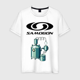 Мужская футболка хлопок с принтом SAMOGON в Санкт-Петербурге, 100% хлопок | прямой крой, круглый вырез горловины, длина до линии бедер, слегка спущенное плечо. | salomon | прикол | приколы | самогон | шутка | юмор
