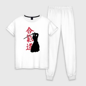 Женская пижама хлопок с принтом Айкидо в Санкт-Петербурге, 100% хлопок | брюки и футболка прямого кроя, без карманов, на брюках мягкая резинка на поясе и по низу штанин | aikido | аикидо | айкидо | восточные единоборства | единоборства | морихей уэсиба