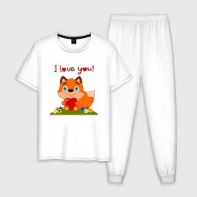 Мужская пижама хлопок с принтом влюбленная лисичка i love you! в Санкт-Петербурге, 100% хлопок | брюки и футболка прямого кроя, без карманов, на брюках мягкая резинка на поясе и по низу штанин
 | 