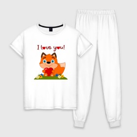 Женская пижама хлопок с принтом влюбленная лисичка i love you! в Санкт-Петербурге, 100% хлопок | брюки и футболка прямого кроя, без карманов, на брюках мягкая резинка на поясе и по низу штанин | 
