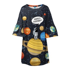 Детское платье 3D с принтом Where is Everybody? в Санкт-Петербурге, 100% полиэстер | прямой силуэт, чуть расширенный к низу. Круглая горловина, на рукавах — воланы | science | астронавт | астрономия | венера | земля | космонавт | космос | наука | научный | планеты | юпитер
