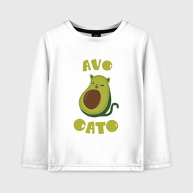Детский лонгслив хлопок с принтом AvoCato в Санкт-Петербурге, 100% хлопок | круглый вырез горловины, полуприлегающий силуэт, длина до линии бедер | Тематика изображения на принте: авокадо | авокадо кот | кот | кот авокадо | котейка | котик | кошечка