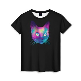 Женская футболка 3D с принтом Котейка в Санкт-Петербурге, 100% полиэфир ( синтетическое хлопкоподобное полотно) | прямой крой, круглый вырез горловины, длина до линии бедер | cat | space | глаза | голова | животное | звезды | космос | кот | кошка | усы