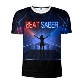 Мужская футболка 3D спортивная с принтом Beat Saber в Санкт-Петербурге, 100% полиэстер с улучшенными характеристиками | приталенный силуэт, круглая горловина, широкие плечи, сужается к линии бедра | 3d | 3д | beat | saber | виртуальная | игра | реальность | ритм