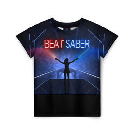 Детская футболка 3D с принтом Beat Saber в Санкт-Петербурге, 100% гипоаллергенный полиэфир | прямой крой, круглый вырез горловины, длина до линии бедер, чуть спущенное плечо, ткань немного тянется | 3d | 3д | beat | saber | виртуальная | игра | реальность | ритм