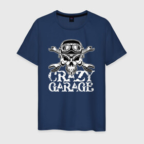 Мужская футболка хлопок с принтом Crazy garage в Санкт-Петербурге, 100% хлопок | прямой крой, круглый вырез горловины, длина до линии бедер, слегка спущенное плечо. | bones | garage | helmet | orbits | skull | teeth | wrench | гаечный ключ | гараж | глазницы | зубы | череп | шлем