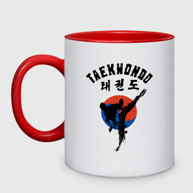 Кружка двухцветная с принтом Taekwondo в Санкт-Петербурге, керамика | объем — 330 мл, диаметр — 80 мм. Цветная ручка и кайма сверху, в некоторых цветах — вся внутренняя часть | taekwondo | восточные единоборства | единоборства | теквондо | тхэквондо | тэквондо