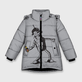 Зимняя куртка для девочек 3D с принтом Futurama Bender Banksy в Санкт-Петербурге, ткань верха — 100% полиэстер; подклад — 100% полиэстер, утеплитель — 100% полиэстер. | длина ниже бедра, удлиненная спинка, воротник стойка и отстегивающийся капюшон. Есть боковые карманы с листочкой на кнопках, утяжки по низу изделия и внутренний карман на молнии. 

Предусмотрены светоотражающий принт на спинке, радужный светоотражающий элемент на пуллере молнии и на резинке для утяжки. | bender | express | fry | futurama | future | leela | philip | planet | turanga | zoidberg | бендер | будущее | джей | зойдберг | лила | родригес | сгибальщик | туранга | филип | фрай | футурама