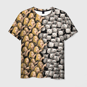 Мужская футболка 3D с принтом Девушки орут на котиков в Санкт-Петербурге, 100% полиэфир | прямой крой, круглый вырез горловины, длина до линии бедер | cat | meme | девушка | женщина | истерика | кот | котик | котики | коты | кошка | крик | кричит | мем | паттерн