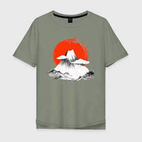 Мужская футболка хлопок Oversize с принтом Гора Фудзияма в Санкт-Петербурге, 100% хлопок | свободный крой, круглый ворот, “спинка” длиннее передней части | japan | japanese | акварель | восходящие солнце | гора | закат | искуство | красками | краски | красное | на груди | облака | облако | пейзаж | склон | солнце | солнышко | спереди | туристическая | фудзияма