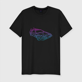 Мужская футболка хлопок Slim с принтом DeLorean gradient  в Санкт-Петербурге, 92% хлопок, 8% лайкра | приталенный силуэт, круглый вырез ворота, длина до линии бедра, короткий рукав | автомобиль | арт | градиент | машина | неон | силуэт | тачка | фильм | цвета