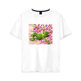 Женская футболка хлопок Oversize с принтом Кермит и сердечки в Санкт-Петербурге, 100% хлопок | свободный крой, круглый ворот, спущенный рукав, длина до линии бедер
 | интернет мем | кермит | любовь | мем | персонаж | прикол | сердечки | сердца | улица сезам
