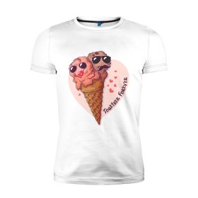 Мужская футболка премиум с принтом Вместе навсегда в Санкт-Петербурге, 92% хлопок, 8% лайкра | приталенный силуэт, круглый вырез ворота, длина до линии бедра, короткий рукав | art | heart | horn | ice cream | арт | любовь | мороженое | очки | рожок | сердечки | сердце