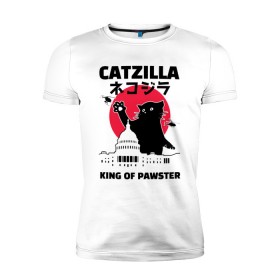 Мужская футболка премиум с принтом Catzilla King of Pawster в Санкт-Петербурге, 92% хлопок, 8% лайкра | приталенный силуэт, круглый вырез ворота, длина до линии бедра, короткий рукав | Тематика изображения на принте: cat | catzilla | kitty | paw | pawster | годзилла | кот | котики | коты | кошки | пародия
