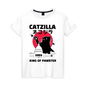 Женская футболка хлопок с принтом Catzilla King of Pawster в Санкт-Петербурге, 100% хлопок | прямой крой, круглый вырез горловины, длина до линии бедер, слегка спущенное плечо | cat | catzilla | kitty | paw | pawster | годзилла | кот | котики | коты | кошки | пародия