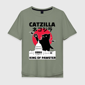 Мужская футболка хлопок Oversize с принтом Catzilla King of Pawster в Санкт-Петербурге, 100% хлопок | свободный крой, круглый ворот, “спинка” длиннее передней части | cat | catzilla | kitty | paw | pawster | годзилла | кот | котики | коты | кошки | пародия