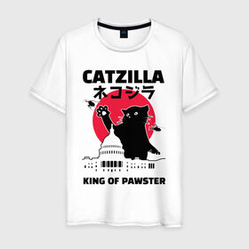 Мужская футболка хлопок с принтом Catzilla King of Pawster в Санкт-Петербурге, 100% хлопок | прямой крой, круглый вырез горловины, длина до линии бедер, слегка спущенное плечо. | Тематика изображения на принте: cat | catzilla | kitty | paw | pawster | годзилла | кот | котики | коты | кошки | пародия