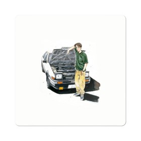Магнит виниловый Квадрат с принтом Initial D Takumi & Toyota AE 86 в Санкт-Петербурге, полимерный материал с магнитным слоем | размер 9*9 см, закругленные углы | ae 86 | anime | car | fujiwara | initial d | japan | jdm | levin | stance | takumi | toyota | trueno | автомобили | аниме | гонки | инициал д | такуми