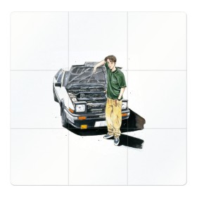 Магнитный плакат 3Х3 с принтом Initial D Takumi & Toyota AE 86 в Санкт-Петербурге, Полимерный материал с магнитным слоем | 9 деталей размером 9*9 см | ae 86 | anime | car | fujiwara | initial d | japan | jdm | levin | stance | takumi | toyota | trueno | автомобили | аниме | гонки | инициал д | такуми