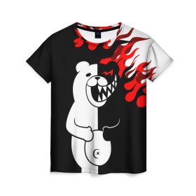 Женская футболка 3D с принтом MONOKUMA. в Санкт-Петербурге, 100% полиэфир ( синтетическое хлопкоподобное полотно) | прямой крой, круглый вырез горловины, длина до линии бедер | anime | bear | black  white | danganronpa | kurokuma | monodam | monokuma | monomi | monotaro | pink | rabbit | school | shirokuma | аниме | главарь | мoноми | монокума | черно белый | школа