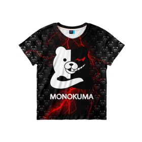 Детская футболка 3D с принтом MONOKUMA. в Санкт-Петербурге, 100% гипоаллергенный полиэфир | прямой крой, круглый вырез горловины, длина до линии бедер, чуть спущенное плечо, ткань немного тянется | anime | bear | black  white | danganronpa | kurokuma | monodam | monokuma | monomi | monotaro | pink | rabbit | school | shirokuma | аниме | главарь | мoноми | монокума | черно белый | школа