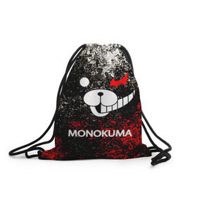 Рюкзак-мешок 3D с принтом MONOKUMA. в Санкт-Петербурге, 100% полиэстер | плотность ткани — 200 г/м2, размер — 35 х 45 см; лямки — толстые шнурки, застежка на шнуровке, без карманов и подкладки | anime | bear | black  white | danganronpa | kurokuma | monodam | monokuma | monomi | monotaro | pink | rabbit | school | shirokuma | аниме | главарь | мoноми | монокума | черно белый | школа