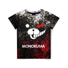 Детская футболка 3D с принтом MONOKUMA. в Санкт-Петербурге, 100% гипоаллергенный полиэфир | прямой крой, круглый вырез горловины, длина до линии бедер, чуть спущенное плечо, ткань немного тянется | anime | bear | black  white | danganronpa | kurokuma | monodam | monokuma | monomi | monotaro | pink | rabbit | school | shirokuma | аниме | главарь | мoноми | монокума | черно белый | школа