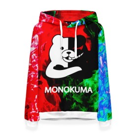 Женская толстовка 3D с принтом MONOKUMA. в Санкт-Петербурге, 100% полиэстер  | двухслойный капюшон со шнурком для регулировки, мягкие манжеты на рукавах и по низу толстовки, спереди карман-кенгуру с мягким внутренним слоем. | anime | bear | black  white | danganronpa | kurokuma | monodam | monokuma | monomi | monotaro | pink | rabbit | school | shirokuma | аниме | главарь | мoноми | монокума | черно белый | школа