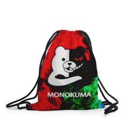 Рюкзак-мешок 3D с принтом MONOKUMA. в Санкт-Петербурге, 100% полиэстер | плотность ткани — 200 г/м2, размер — 35 х 45 см; лямки — толстые шнурки, застежка на шнуровке, без карманов и подкладки | anime | bear | black  white | danganronpa | kurokuma | monodam | monokuma | monomi | monotaro | pink | rabbit | school | shirokuma | аниме | главарь | мoноми | монокума | черно белый | школа