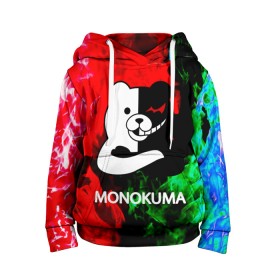 Детская толстовка 3D с принтом MONOKUMA. в Санкт-Петербурге, 100% полиэстер | двухслойный капюшон со шнурком для регулировки, мягкие манжеты на рукавах и по низу толстовки, спереди карман-кенгуру с мягким внутренним слоем | Тематика изображения на принте: anime | bear | black  white | danganronpa | kurokuma | monodam | monokuma | monomi | monotaro | pink | rabbit | school | shirokuma | аниме | главарь | мoноми | монокума | черно белый | школа