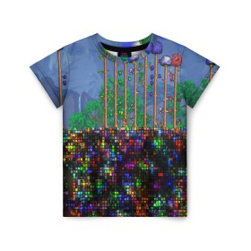 Детская футболка 3D с принтом TERRARIA в Санкт-Петербурге, 100% гипоаллергенный полиэфир | прямой крой, круглый вырез горловины, длина до линии бедер, чуть спущенное плечо, ткань немного тянется | Тематика изображения на принте: game | pixel | terraria | игра | пиксель | террариа